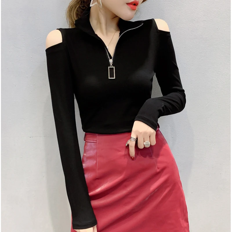 

Женская хлопковая футболка в полоску, с открытыми плечами и длинным рукавом