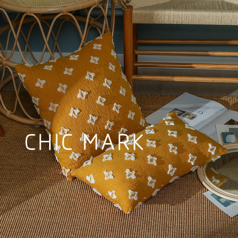 

White stars flocking jacquard cushion cover yellow solid stripe sofa decor pillow cover INS bed chair waist pillowcase 3D pillow