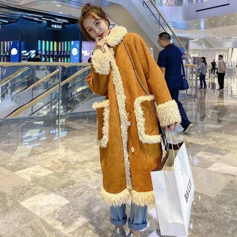

2021 Women Winter Fashion Lamb Patchwork Cotton Jackets Female Loose Cotton-padded Coats Ladies Long Pockets Warm Parkas Y711