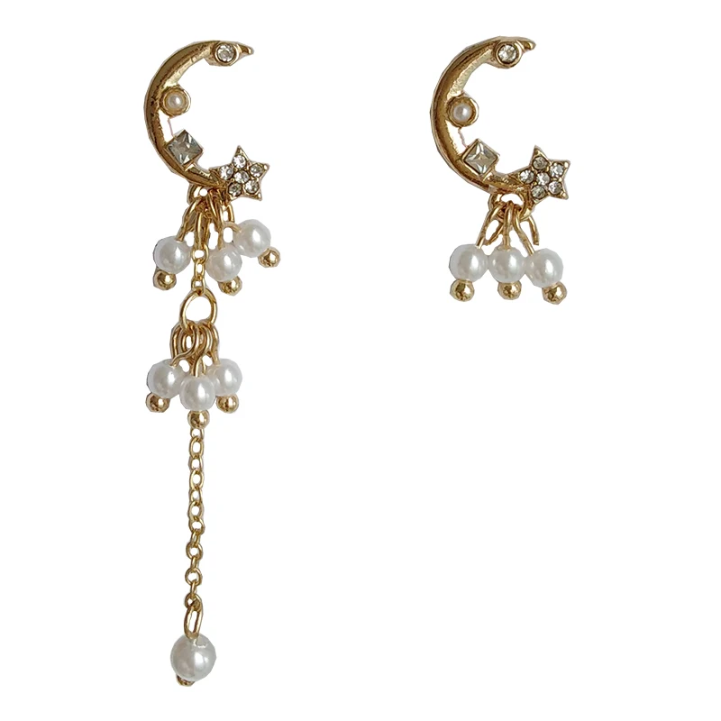 

S925 needle New Asymmetrical Moon Earrings Popular Style Clear Crystal Simulated Small Pearls Drop Earrings For Women Girl Gift