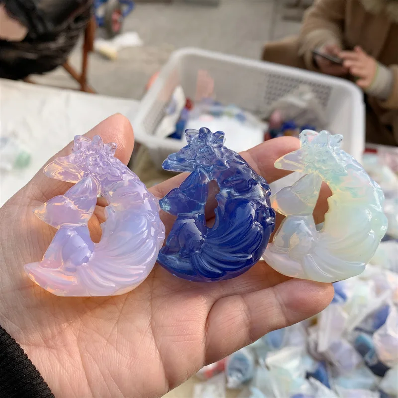 

Natural Crystal Opalite Cartoon Carvings Hand Carved Crystal Polished Quartz Healing Gemstones For Home DIY Decor 1pcs