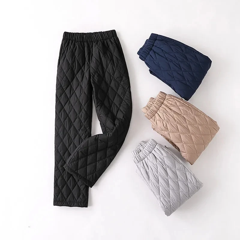 

Winter Super Light Warm Down Pants Women Fashion Casual Rhombus Elastic Waist Baggy Pants 2021 Snow Wear Basic Sweatpants Lady