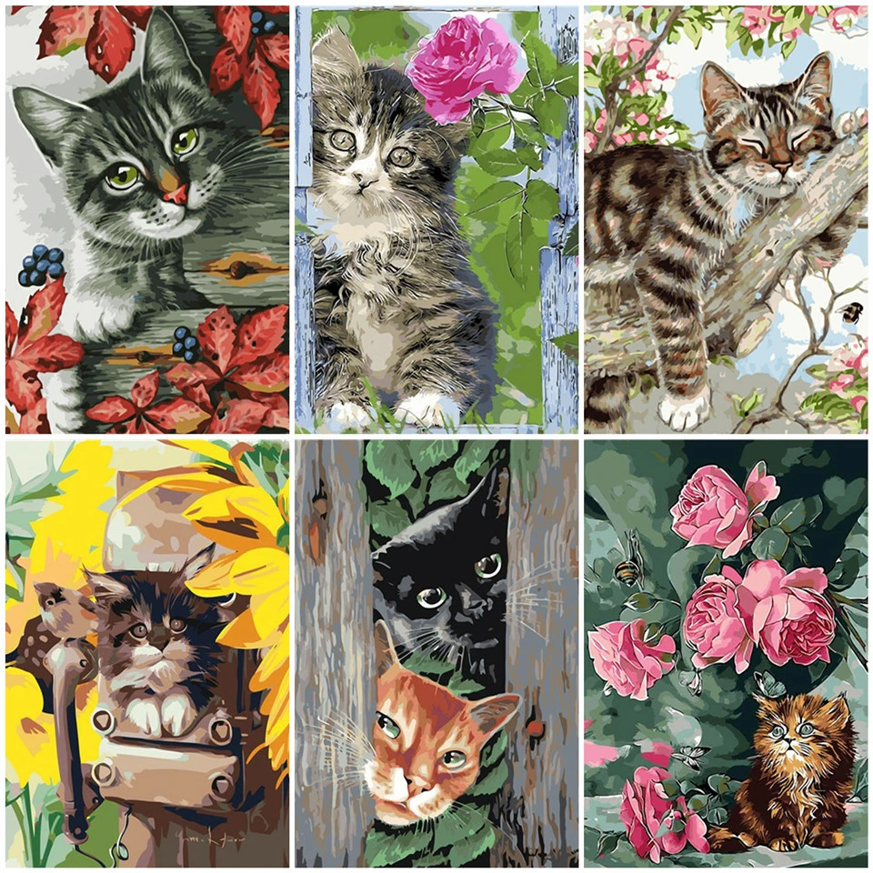Раскраска по номерам AZQSD для взрослых сделай сам кошка рама ручная роспись