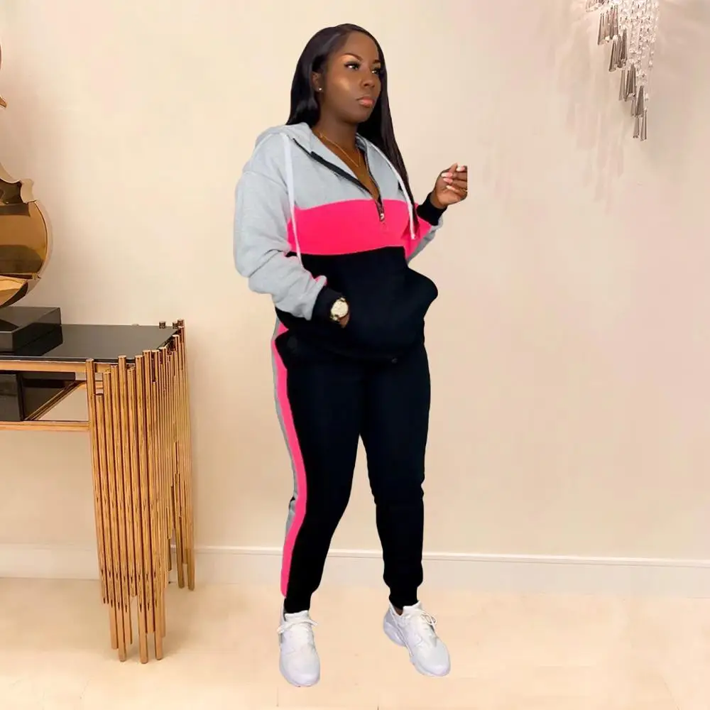 Геометрический Модный женский спортивный костюм с капюшоном и карманами пальто