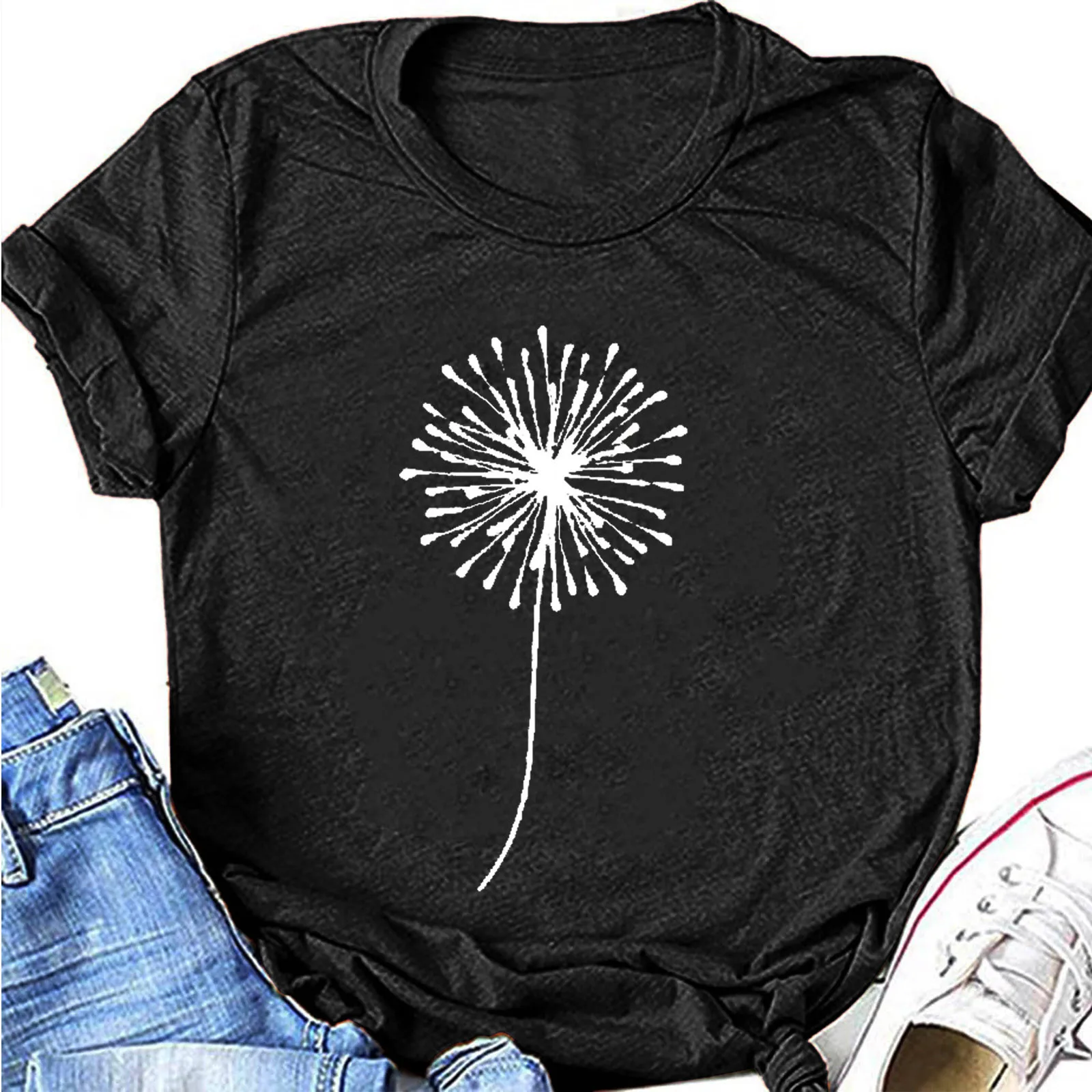 Женская Винтажная футболка с рисунком одуванчика и цветов коротким рукавом |