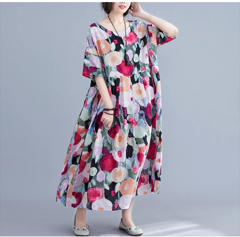 Uego 2021 Новое поступление Свободное длинное платье из хлопка и льна с цветочным