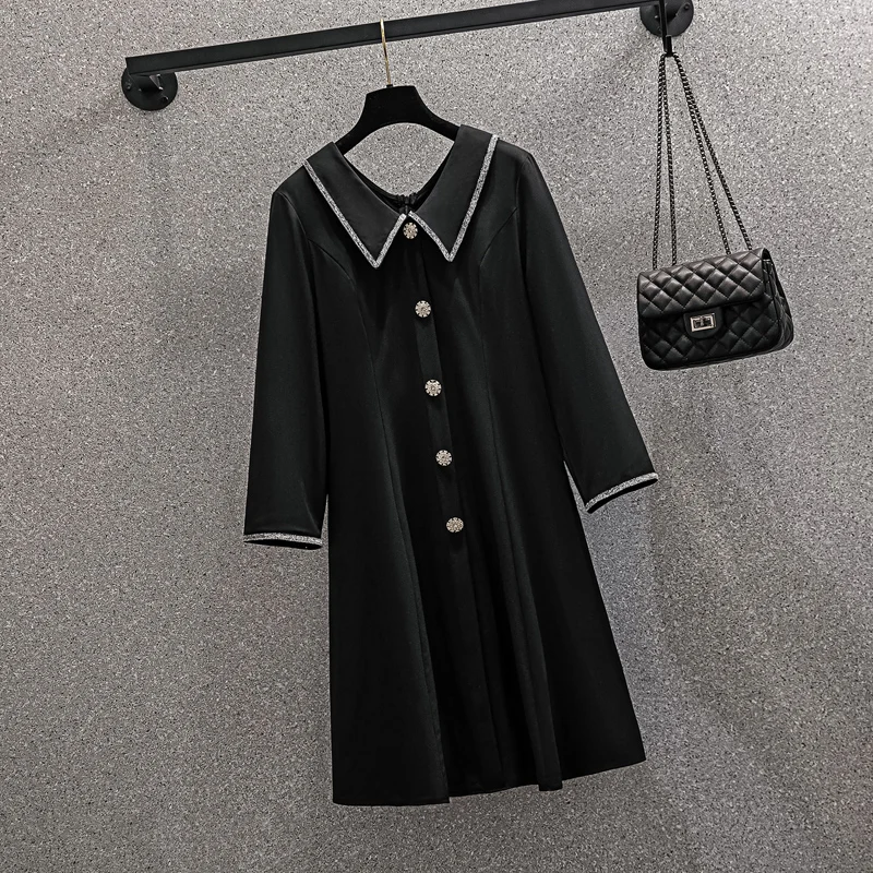

4XL plus size women elegant vintage button Diamond autumn dress 2021 3/4 sleeve fashion slim black party female dresses vestido