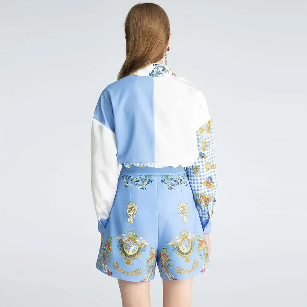 Two Runway Fashion Women Pieces Set Summer Autumn Casual Ladies Blouse+Shorts Flower Print Holiday Blue Pink Sets