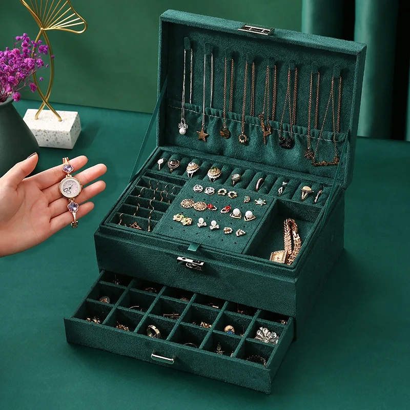 

Three Layer New Vintage Flannel Jewelry Box Earrings Earrings Rings Necklace Jewelry Storage Box Dark Green