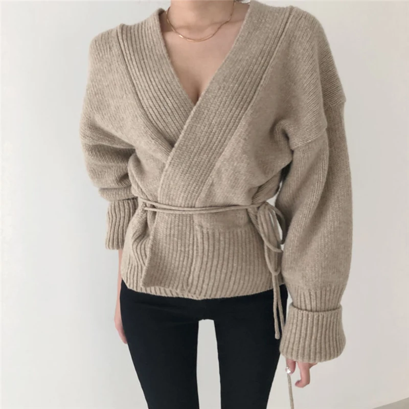 SHENGPALAE 2019 Autumn Winter Loose Chalaza Knitting Cardigan Women Long Sleeve V Collar Korean Fashion Sweater Woman FT032 |