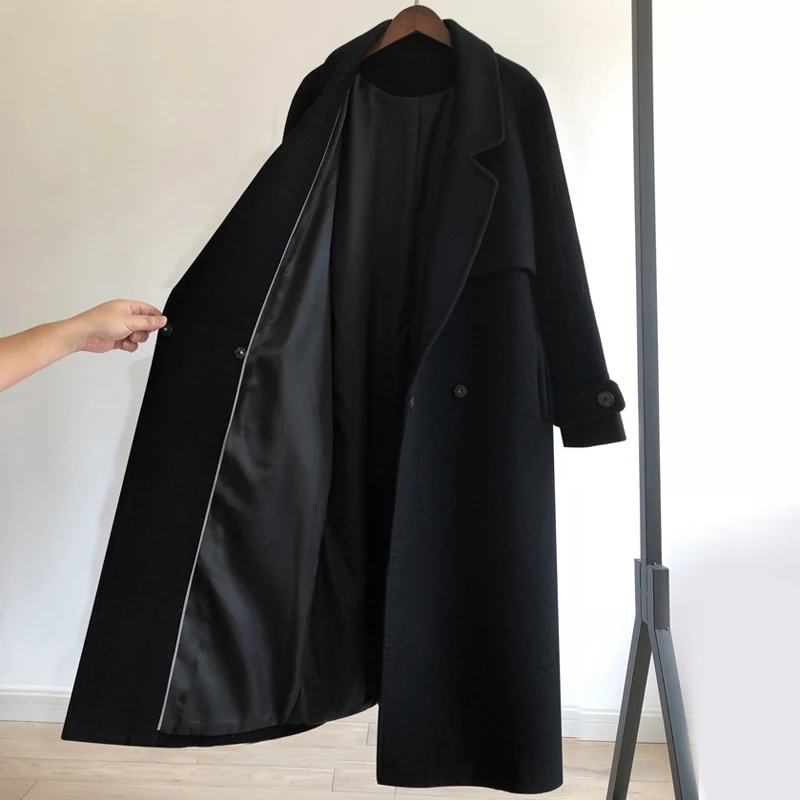 

Женское шерстяное пальто, черное Свободное пальто с поясом, повседневное длинное пальто-Тренч для офиса, Осень-зима 2021