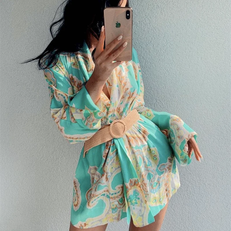 

Vogue Casual Women Mint Green Print Lacing Shirt Tide Spring Fashion Ladies Loose Holiday Tops Ladies Chic Beach Outwear