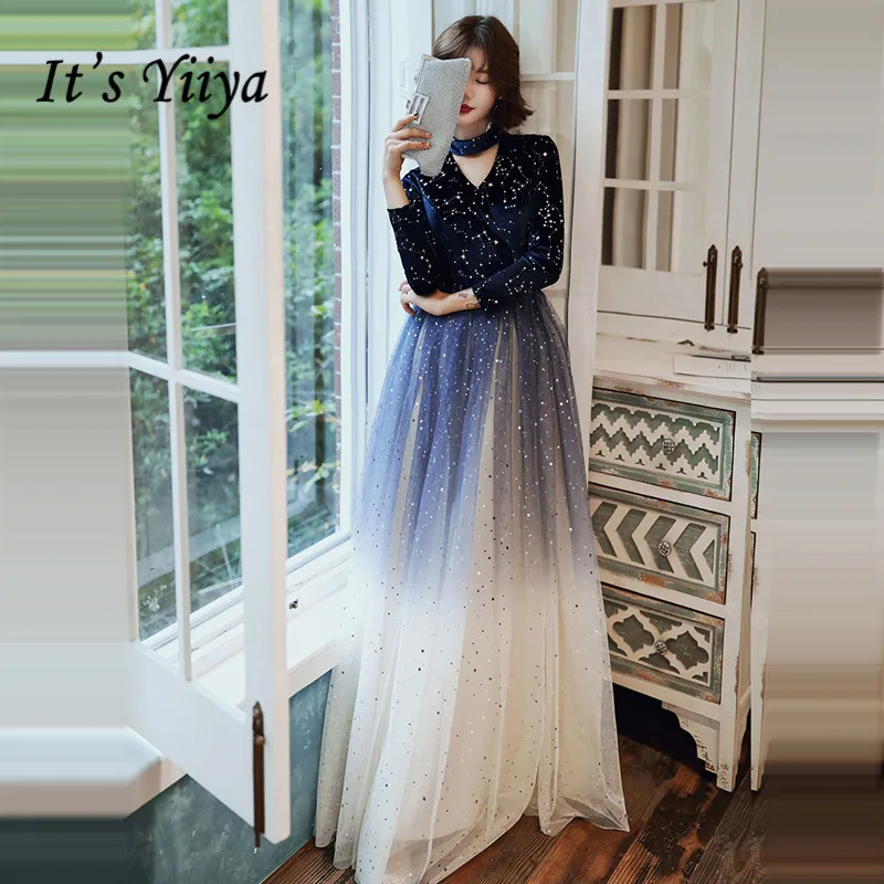 Женское вечернее платье It's Yiiya темно-синее длинное с градиентом и V-образным