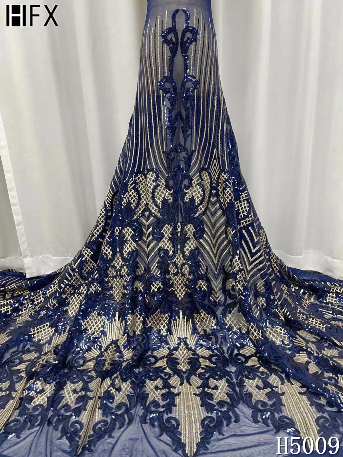HFX 2021 новейшая африканская сетчатая кружевная ткань с вышивкой блестками синие