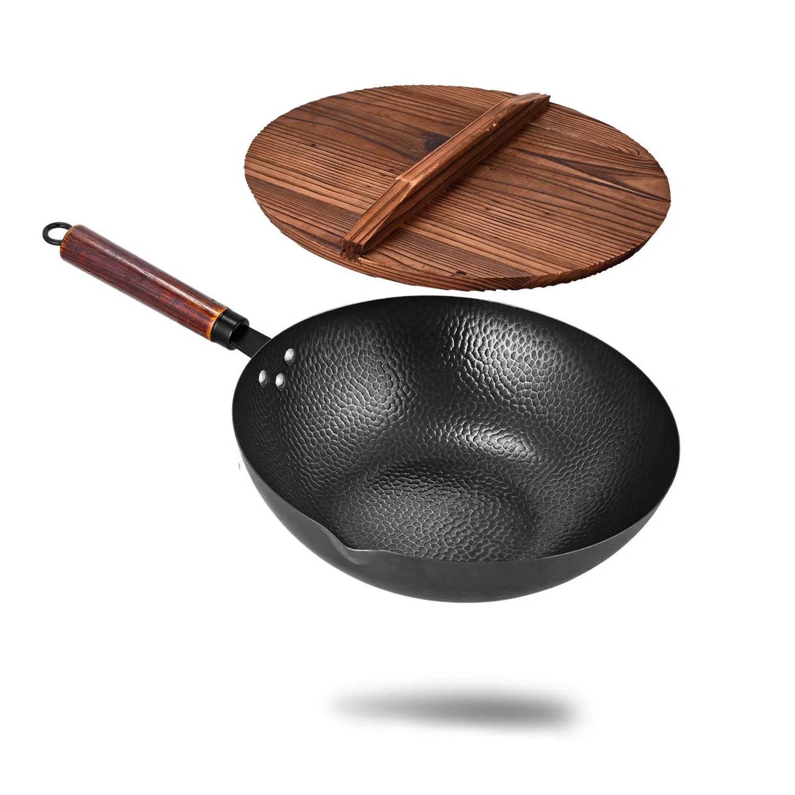Non-stick Pan Kitchen Set Handmade Wok Traditional Forged Uncoated Carbon Steel Wok Pan With Wooden Handle Stir Fry Pan With Lid