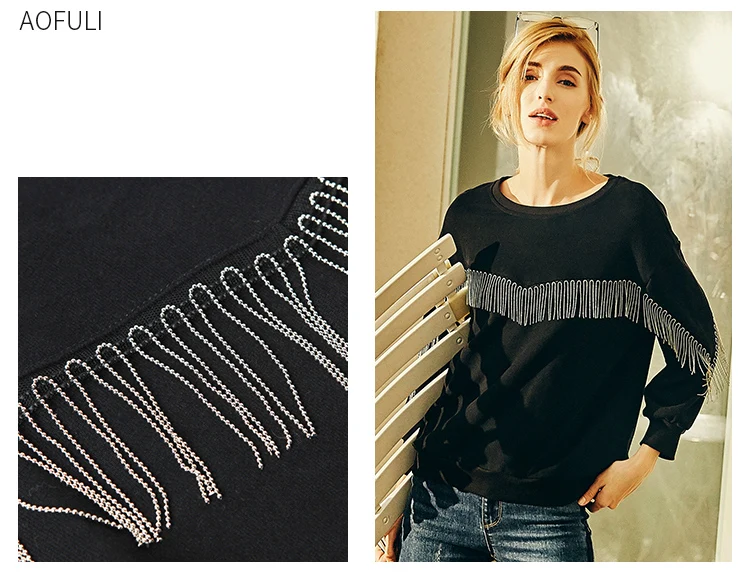 L~ 4XL 5XL Beadings Tassel Women Cotton Sweatshirt Black Long Batwing Sleeve Tee Shirt Big Size Ovesize Casual Tops AOFULI A4074