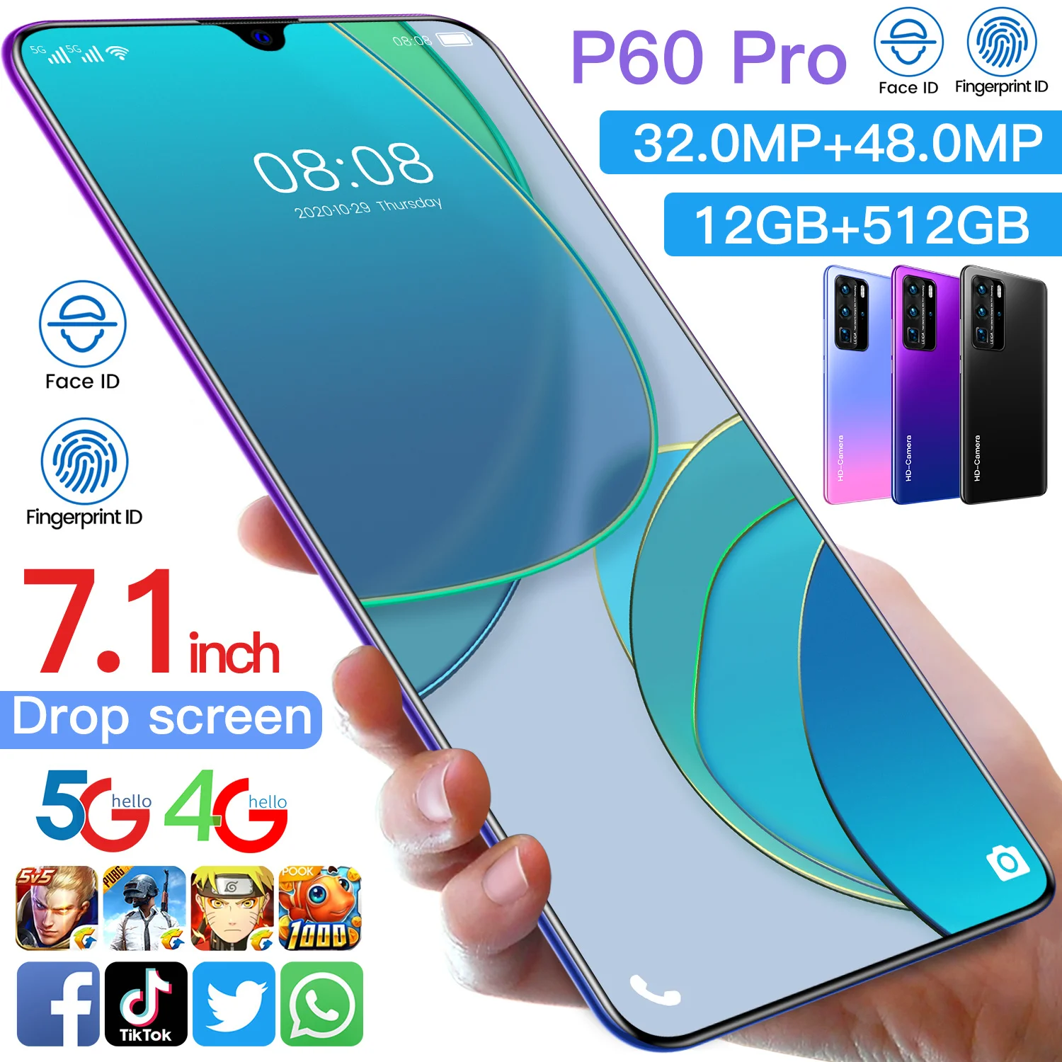 

P60Pro 7.1 Inch 128/256GB 10 Core Fingerprint Unlock 5600mAh Andriod Mobile Phone 2021 Global 5G MTK6889 Dual SIM Smartphones