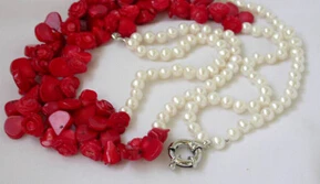 

free shipping 004824 superb 2strands 19'' 11m flower red coral white pearl necklace