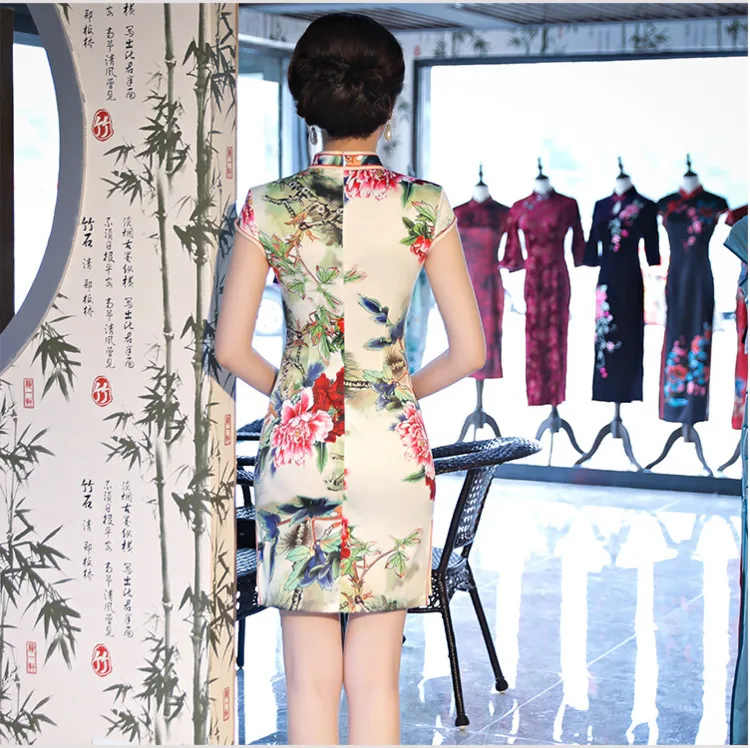 Sheng Coco женское мини платье Чонсам Новое шелковое повседневное тонкое платье Qipao пион с цветочным принтом мини китайское платье