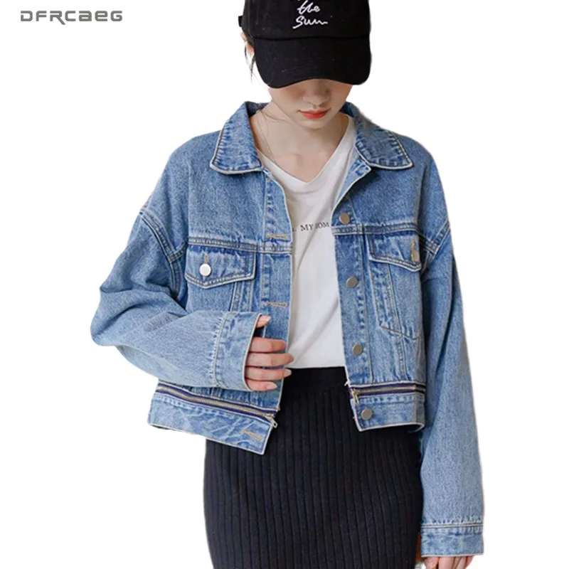 

Crop Women Denim Jackets With Zipper Autumn 2020 Fashion Casual Loose Long Sleeve Jeans Coat Solid Ladies Tops
