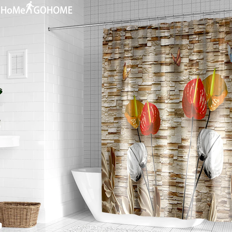 Водостойкая занавеска для душа с кирпичной стенкой цветочными маками 3D из