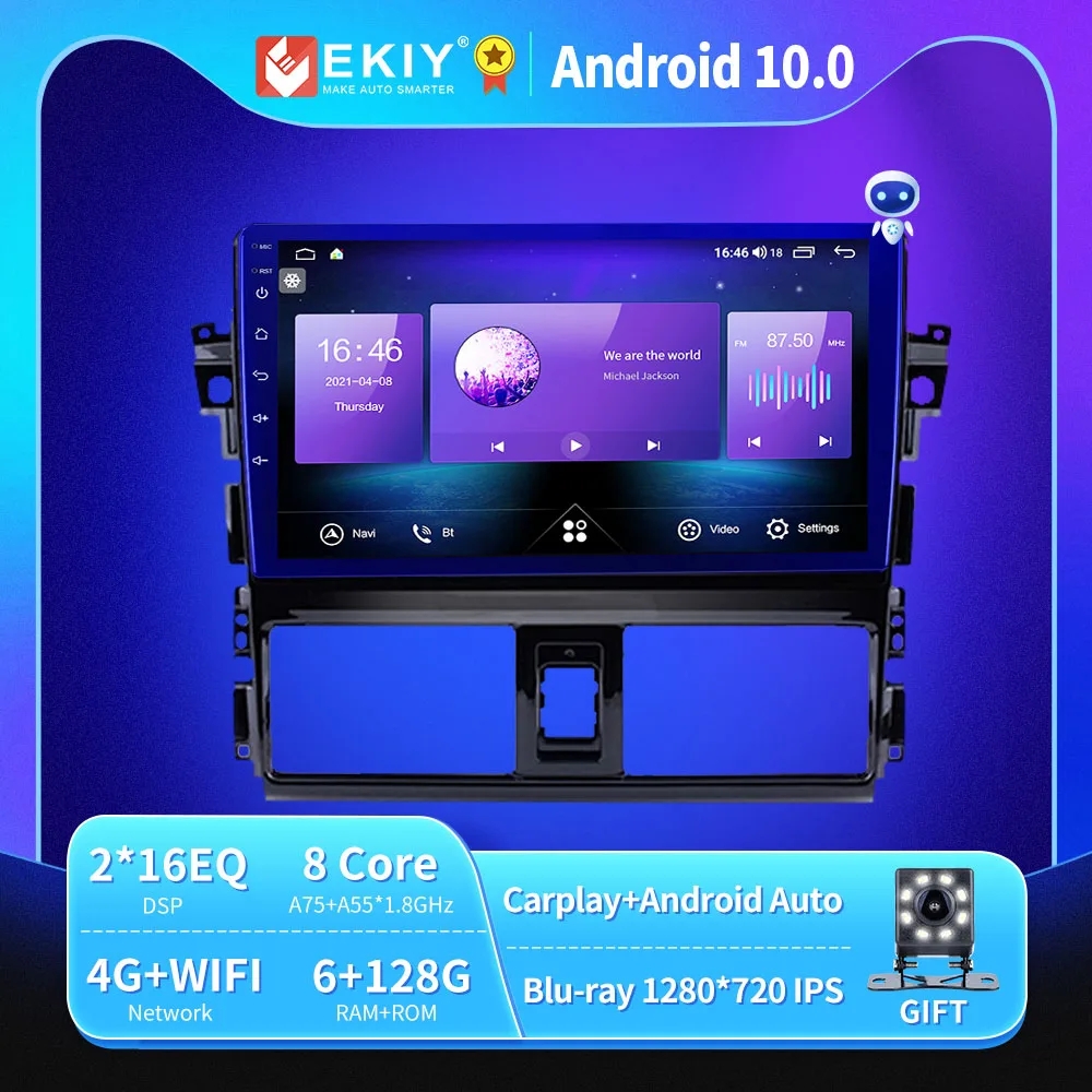 

EKIY Android 10 автомобильное радио для Toyota Vios 2014 2015 2016 Авторадио Blu-Ray 1280*720 IPS/QLED мультимедийный плеер Navi GPS No 2 Din