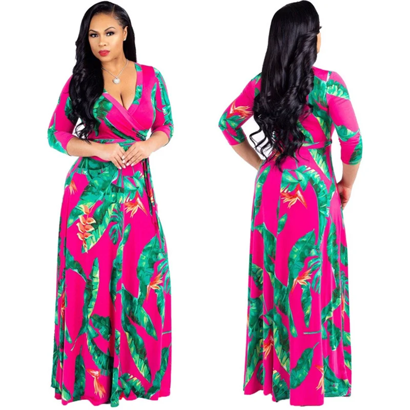 

Women's Sexy V-Neck Seven-Sleeve Polyester Exquisite Casual Dress Printed Plus Size Party Elegant Dress Wholesale Dropshpping