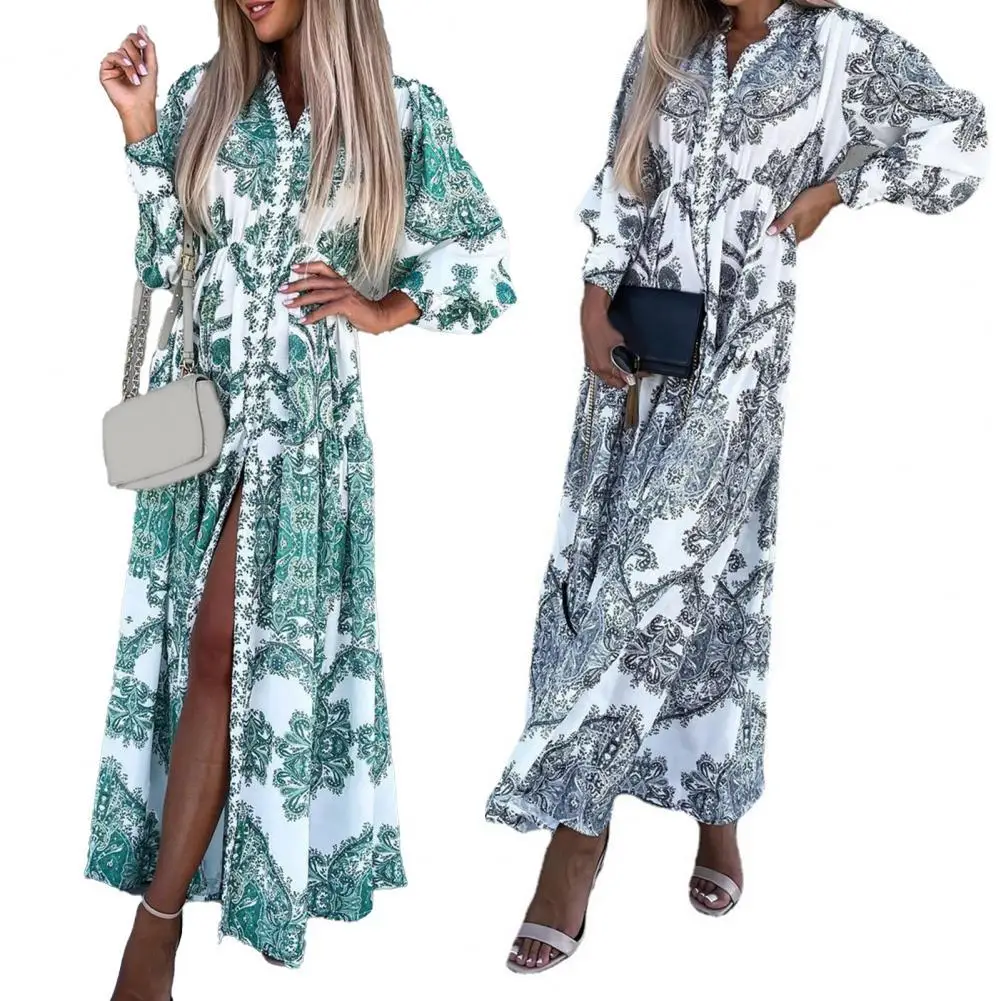 

Autumn Women Long Dress 2021 Fashion Ethnic Print V Neck Long Sleeve Pleated Waist Split Hem Dress for Party Casual Female Robes