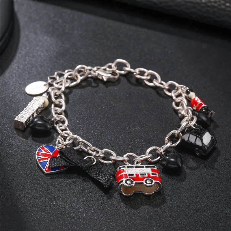 

Women Charms Bracelet Bow London Tower Bus Guard England Heart Bracelet Bangle Vintage Friends Link Chain Wristband Jewelry