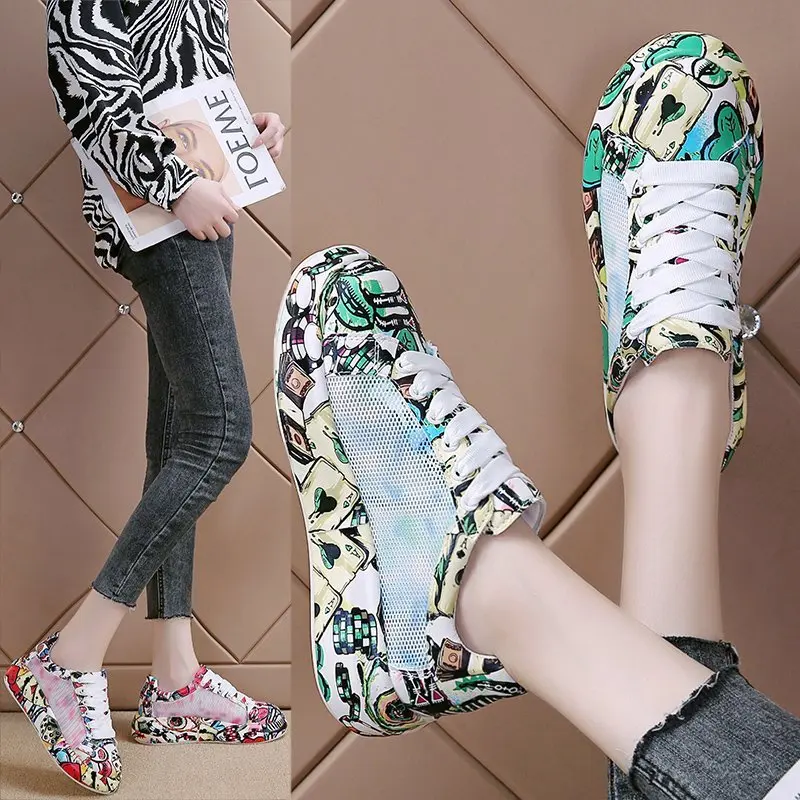 

Женские туфли с принтом граффити, дышащие туфли из сетчатого материала на платформе, для весны и лета, 2021