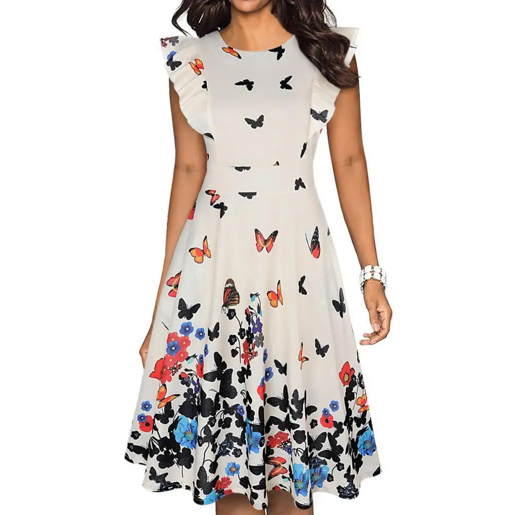 

Women's Vintage Ruffle Floral Flared A Line Dress Floral Print Flowy Hem Tunic Dress Female Short Sleeve O Neck Midi Dresses