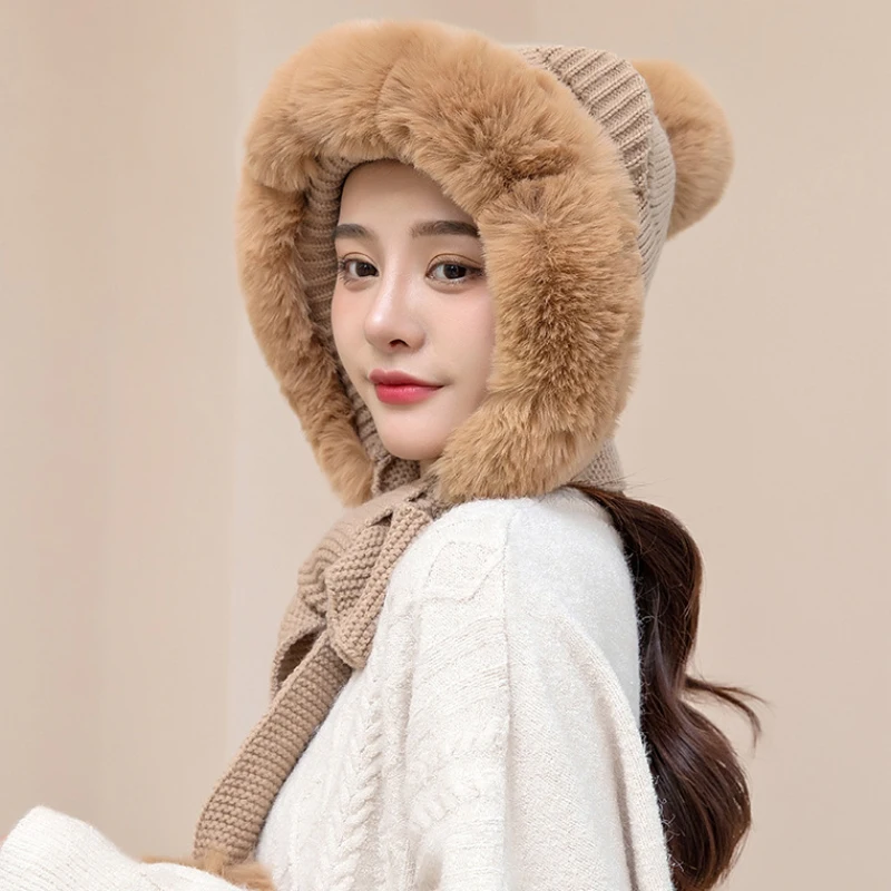 

HT3811 New Fashion 2 in 1 Hat Scarf Set Women Fluffy Fur Knitted Hat with Scarf Cute Three Big Fur Pompom Earflap Russian Hat