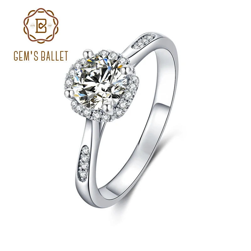 

Женское Обручальное Кольцо GEM'S BALLET Round Moissanite Diamond Halo, кольцо из стерлингового серебра 925 пробы 6,5 мм 1,0ct, ювелирное изделие специального дизайн...