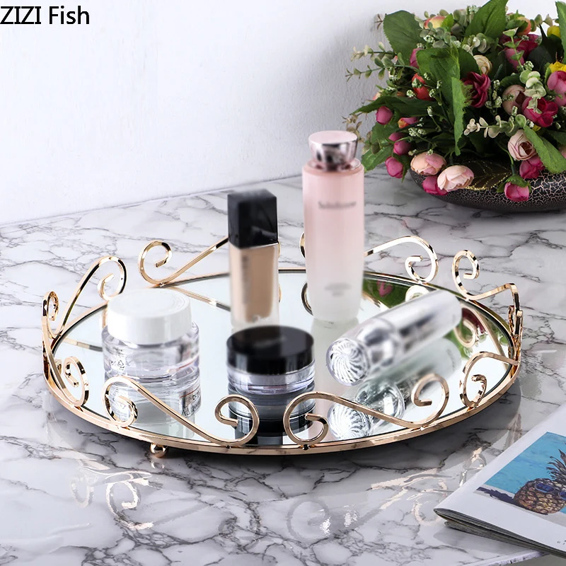 

Modern Round Metal Mirror Trays Living Room Coffee Table Cosmetics Jewelry Storage Tray Crafts Glass Fruit Plate Home Decoration