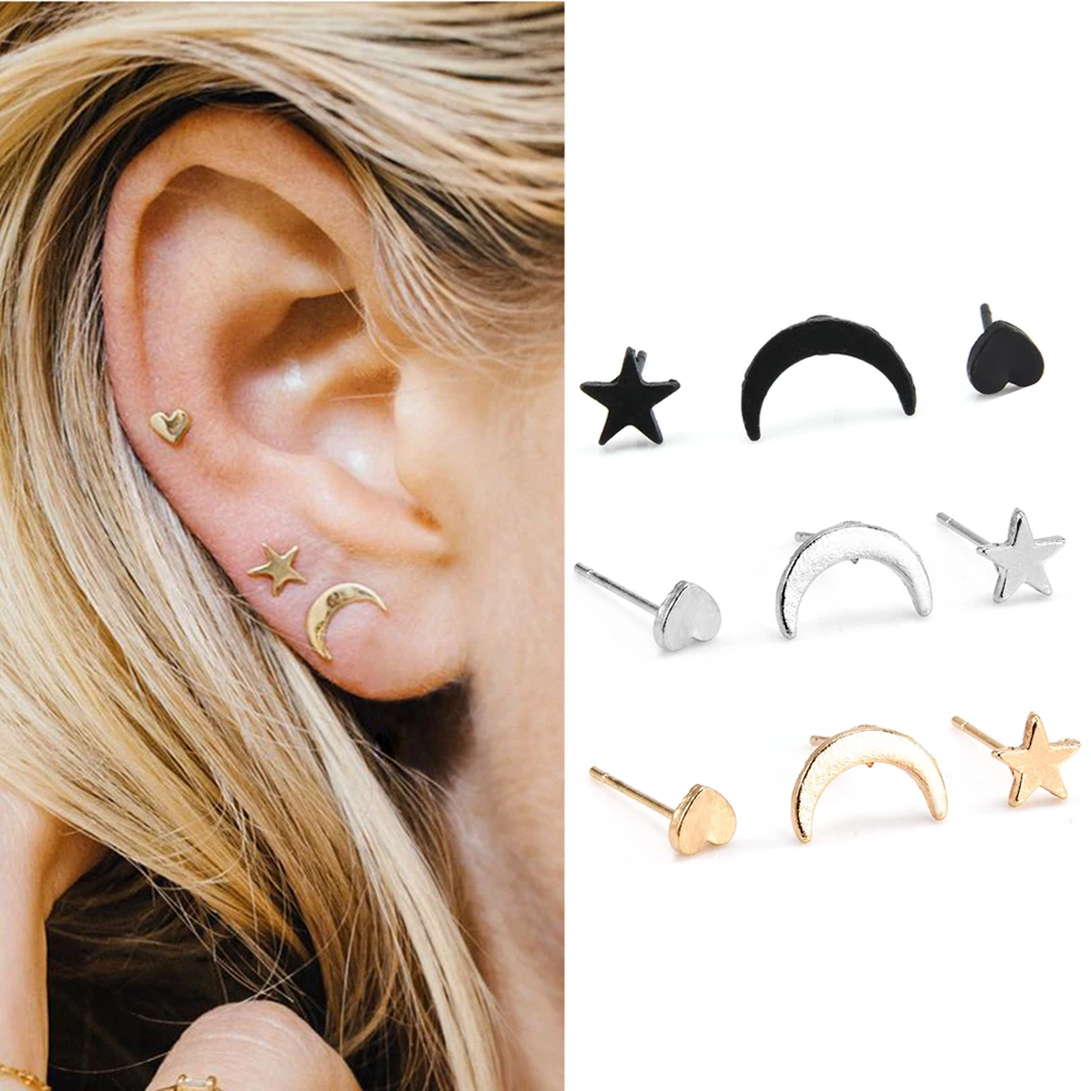 

Очаровательные простые изящные серьги-гвоздики из сплава в форме сердца Звезды Луны для женщин, корейские минималистичные серьги, ювелирны...