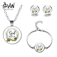 sian bible verse inspirational quotes glass jewelry set god is in her she will not fall pendant necklaces christian faith gifts