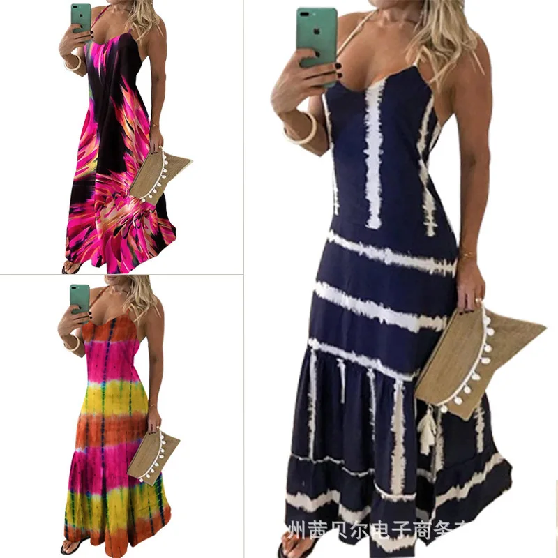 

New Women Fashion Sleeveless Colorful Floras Printing Sling Dress Deep V-Neck Big Spaghetti Plus Size Loose Dresses