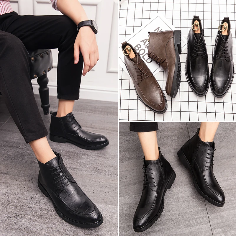 

Fashion outdoor High Top Vintage Men Boots Brogue Ankle Boots Mens Desert Casual comfortable Boots Leather Lace Up Shoes