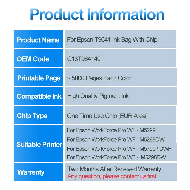 T9641 XL T9641XL пигментные чернила мешок с чипом для Epson рабочей силы Pro WF M5299 M5299DW M5799