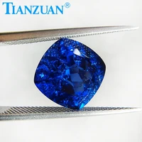 cushion shape natural cut blue color created artificial sapphire corundum stone with cracks and inclusionsloose stone
