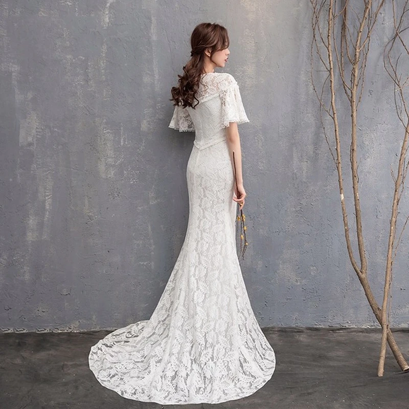 Женское свадебное платье с юбкой годе элегантное кружевное V-образным вырезом на