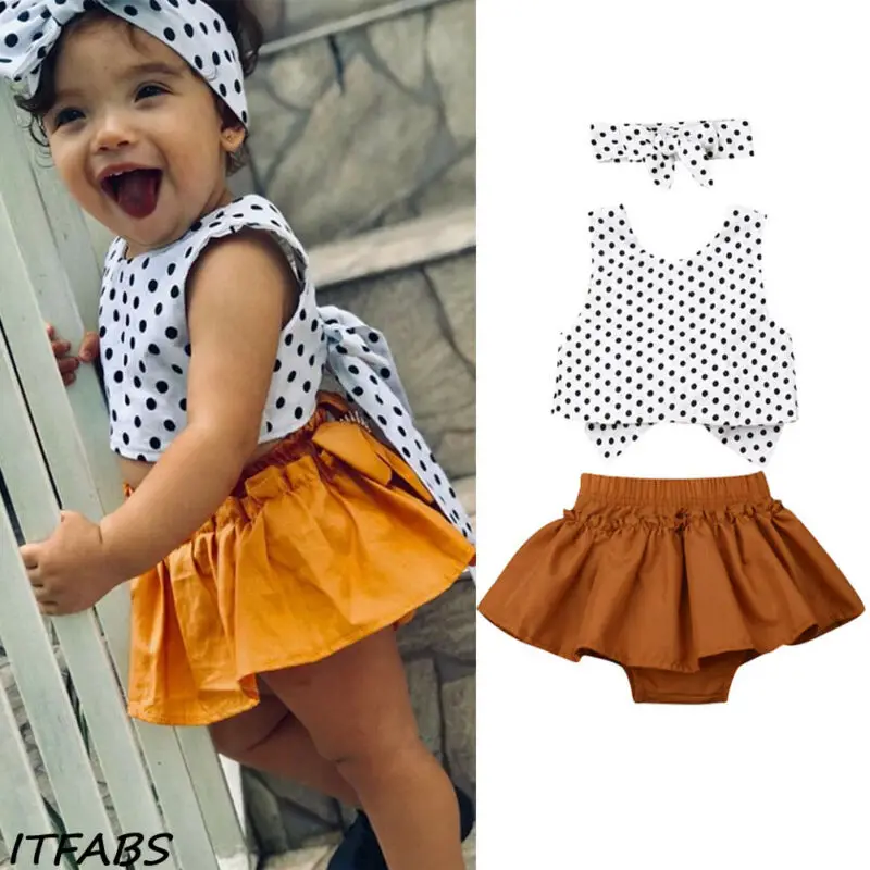 

Infant Baby Girls Clothing Sets Newborn Sleeveless Dot Big Bow Cute Toddler Ruffle Tops Skirt Shorts Headbands Outfits Set