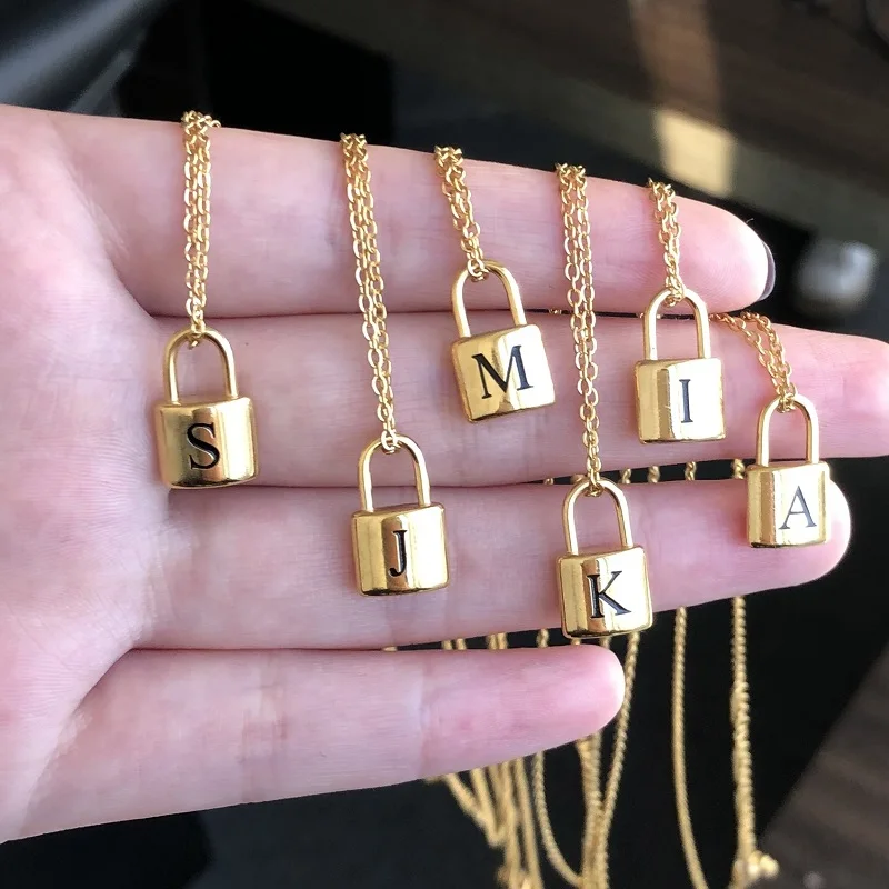 Fashion A-Z Initials Letter Padlock Necklaces For Women Friends Stainless Steel Gold Color Lock Pendant Necklace Jewelry Gifts