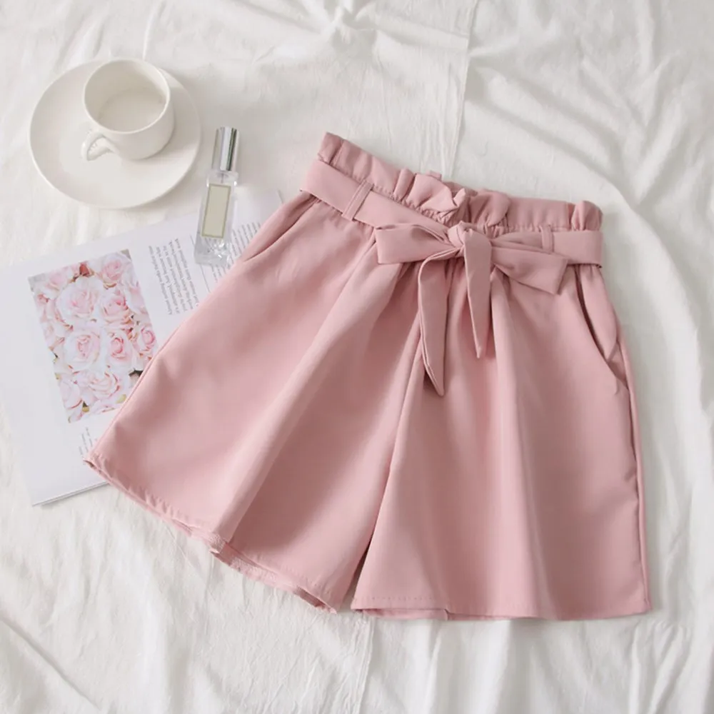 Красивые летние женские широкие шорты с поясом корейские свободные высокой