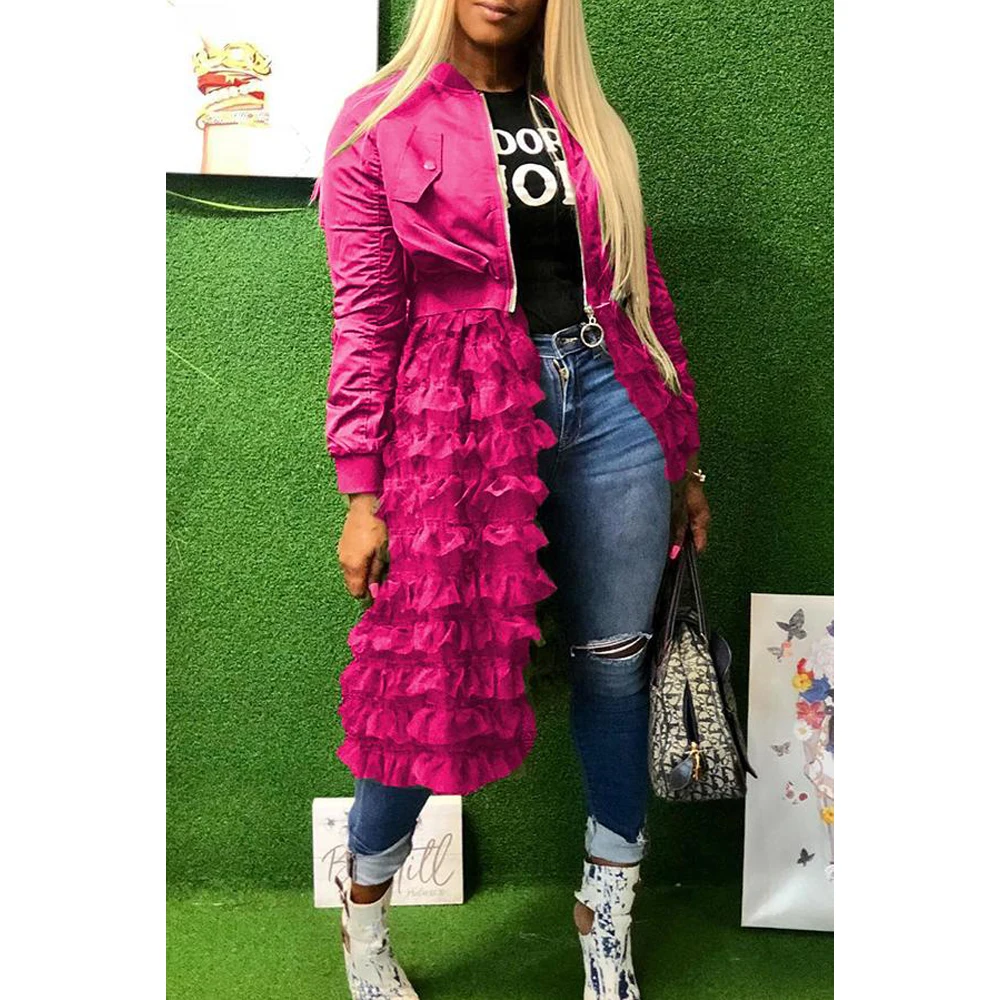 

Women Ladies Zipper Coat Plus Size Ruffle Mesh Patched Jacket Top Women Long Sleeve Jackets Coats Shirt Long Outwear