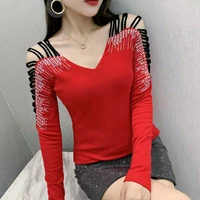 woman tshirts fashion casual spring long sleeve hollow out hot drilling t shirt womens clothing mujer camisetas plus size