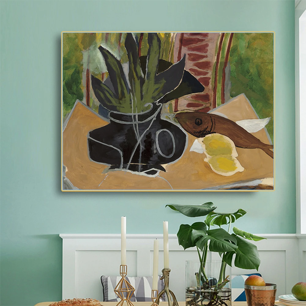 Цитон Холст Картина маслом Жорж Braque 《 натюрморт ваза и рыба Artwork художественное