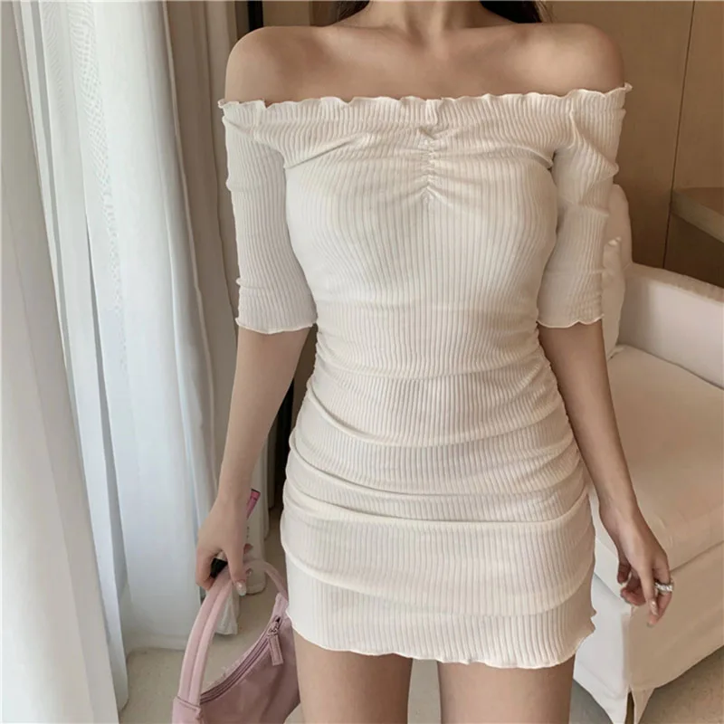 

Shintimes New Off Shoulder Dress Women Slash Neck 2020 Summer Short Ruffles Knitted Dresses Mini Elasticity Sexy Slim Femme Robe