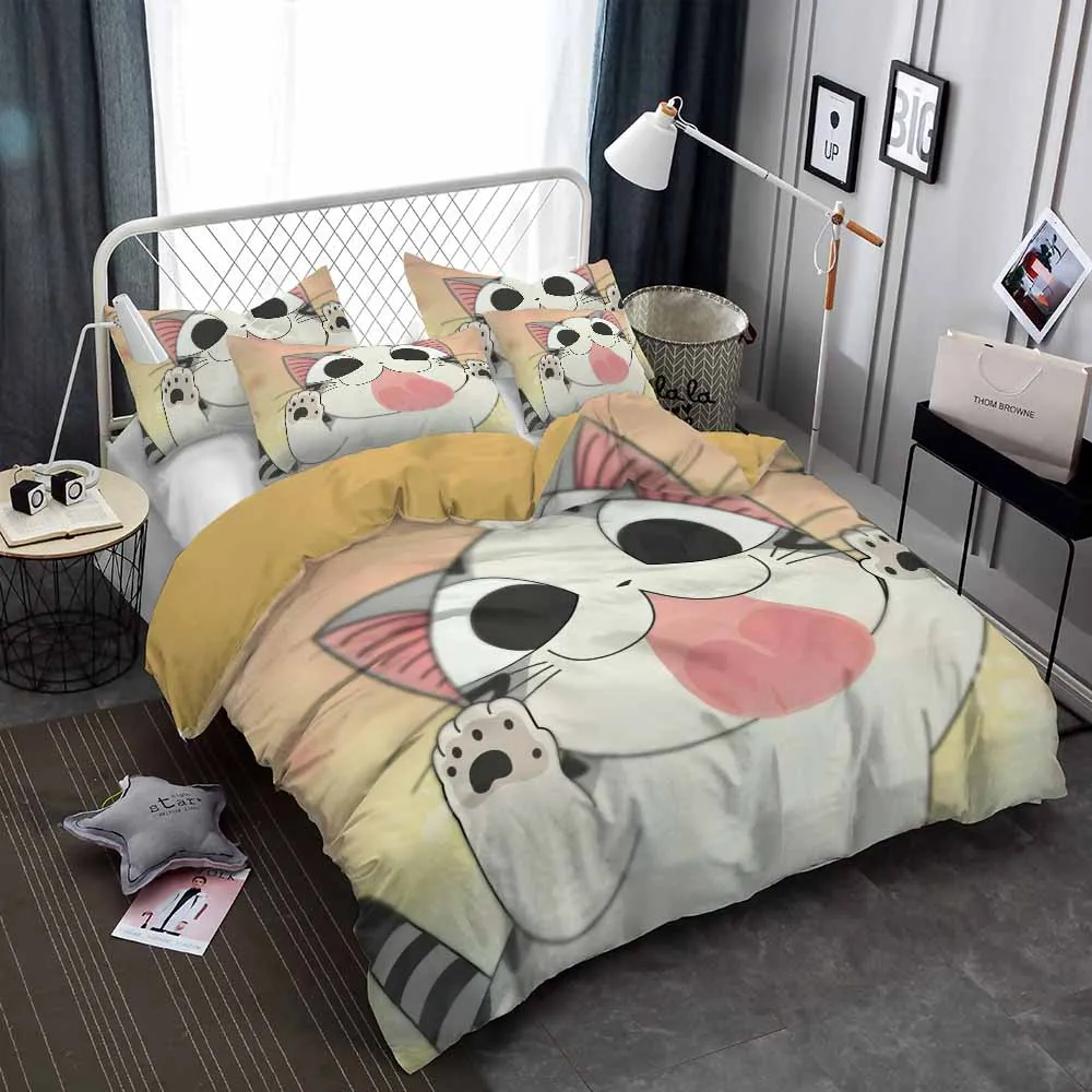 

New Bedding Set Duvet Cover with Pillowcases Queen King Size Bedclothes 3D Sweet Cat Printed Children Cartoon for Teens Bedding