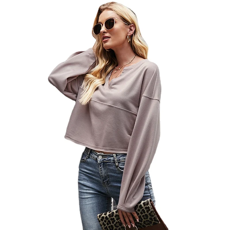 

Pure color loose casual v-neck long sleeve sweater fashion autumn personality contracted outdoor temperament blouse